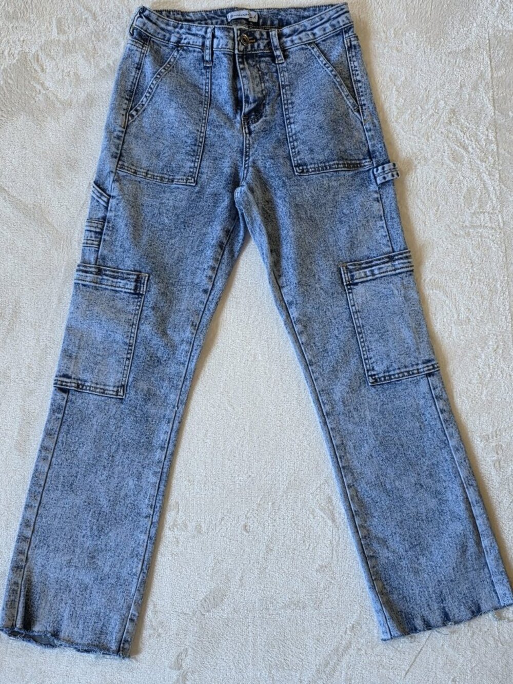 Generation K Cargo Jeans Women's Size 5 Blue Acid Wash Wide Leg Raw Hem